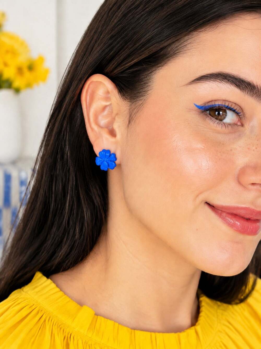 Cobalt Blue Flower Stud Earrings Resin Floral Statement Posts
